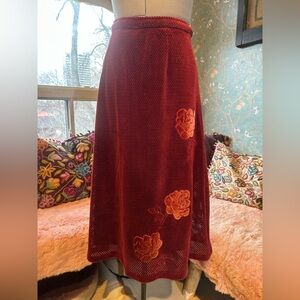Vintage Burgundy Mesh Midi Skirt with Floral Appliqué